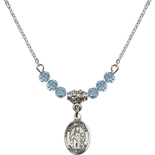 Sterling Silver Saint Walter of Pontoise Birthstone Necklace with Aqua Beads - 9285