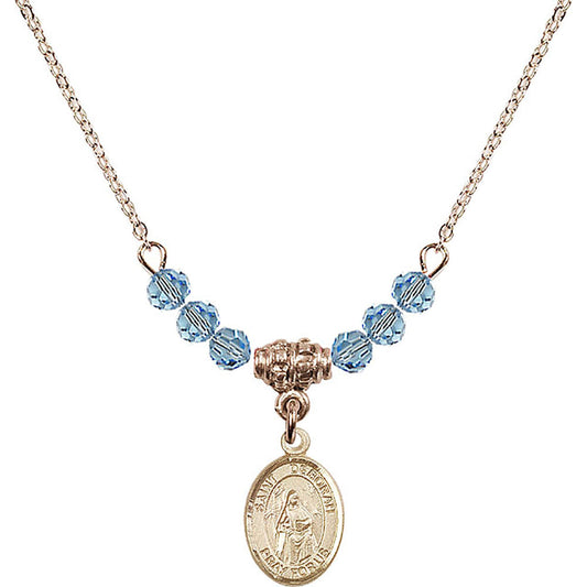14kt Gold Filled Saint Deborah Birthstone Necklace with Aqua Beads - 9286