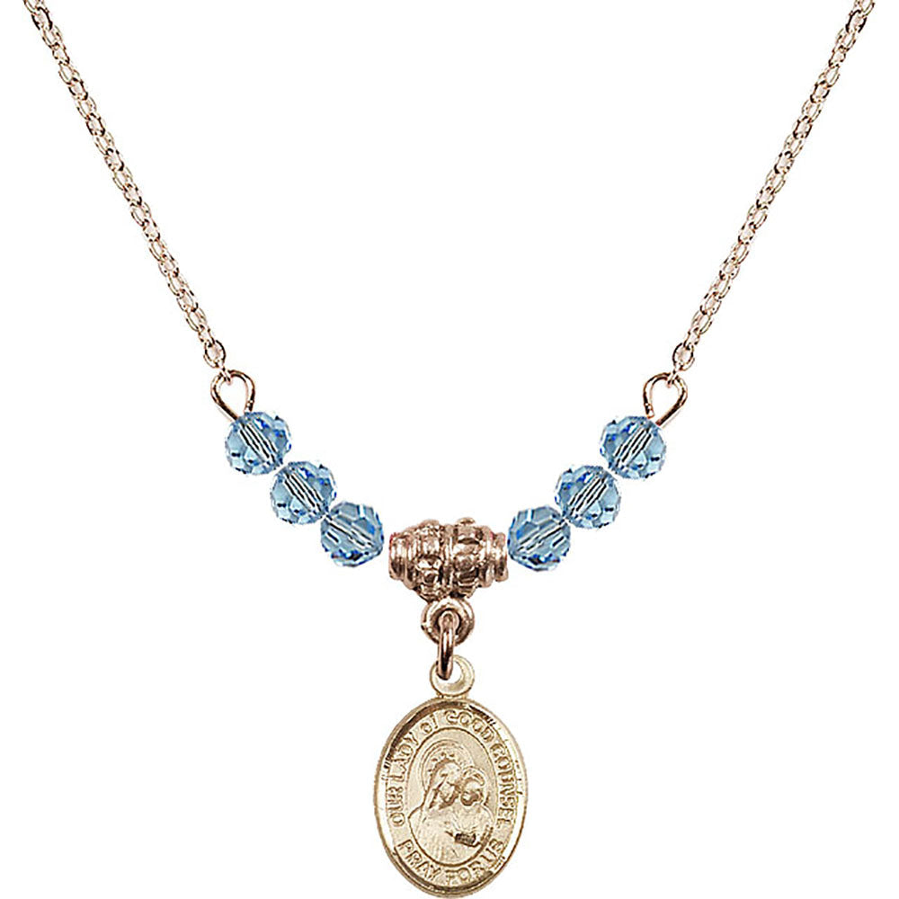 14kt Gold Filled Our Lady of Good Counsel Birthstone Necklace with Aqua Beads - 9287