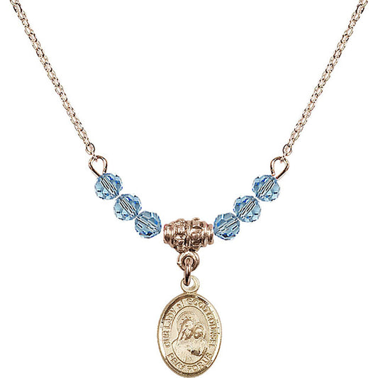 14kt Gold Filled Our Lady of Good Counsel Birthstone Necklace with Aqua Beads - 9287