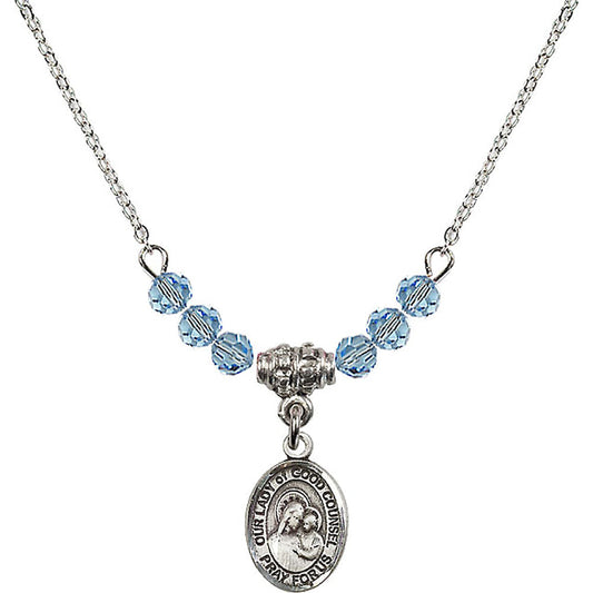 Sterling Silver Our Lady of Good Counsel Birthstone Necklace with Aqua Beads - 9287