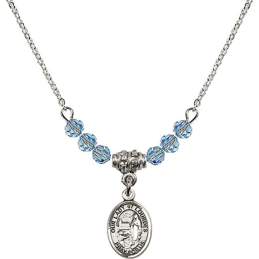 Sterling Silver Our Lady of Lourdes Birthstone Necklace with Aqua Beads - 9288