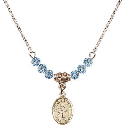 14kt Gold Filled Our Lady of Mercy Birthstone Necklace with Aqua Beads - 9289