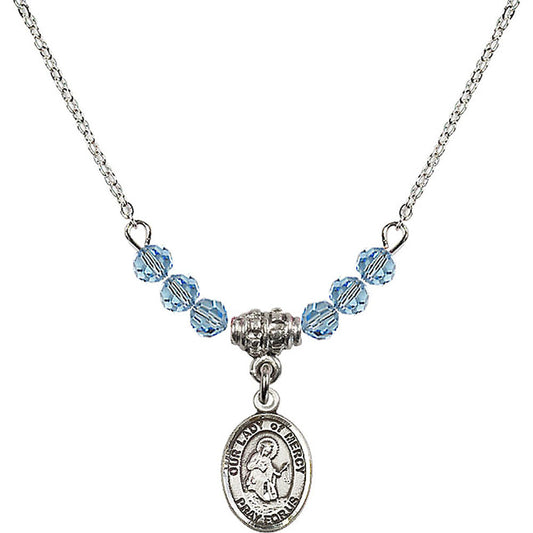 Sterling Silver Our Lady of Mercy Birthstone Necklace with Aqua Beads - 9289