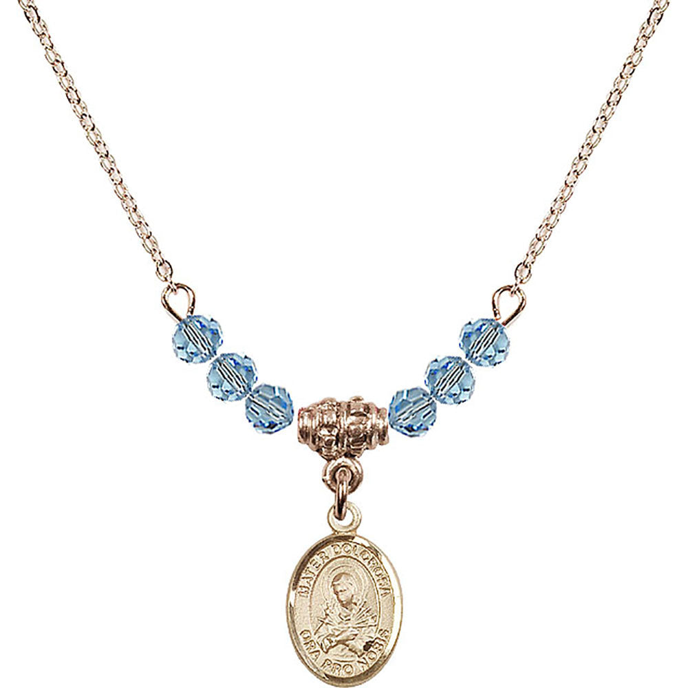 14kt Gold Filled Mater Dolorosa Birthstone Necklace with Aqua Beads - 9290