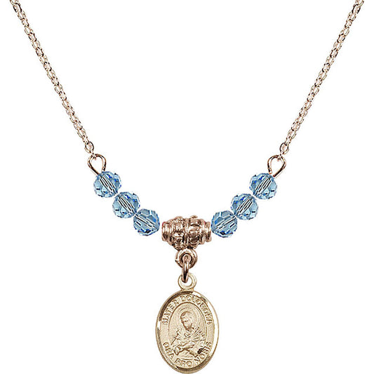 14kt Gold Filled Mater Dolorosa Birthstone Necklace with Aqua Beads - 9290