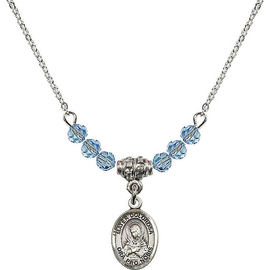 Sterling Silver Mater Dolorosa Birthstone Necklace with Aqua Beads - 9290