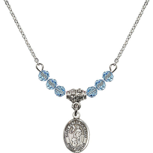 Sterling Silver Saint Peter Nolasco Birthstone Necklace with Aqua Beads - 9291