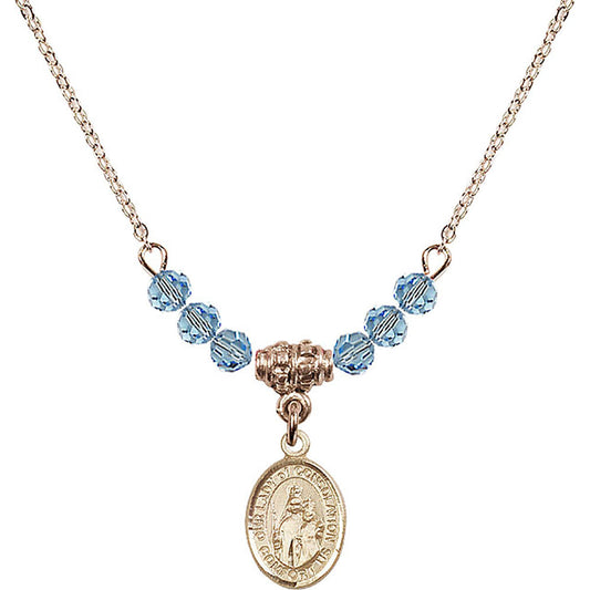 14kt Gold Filled Our Lady of Consolation Birthstone Necklace with Aqua Beads - 9292