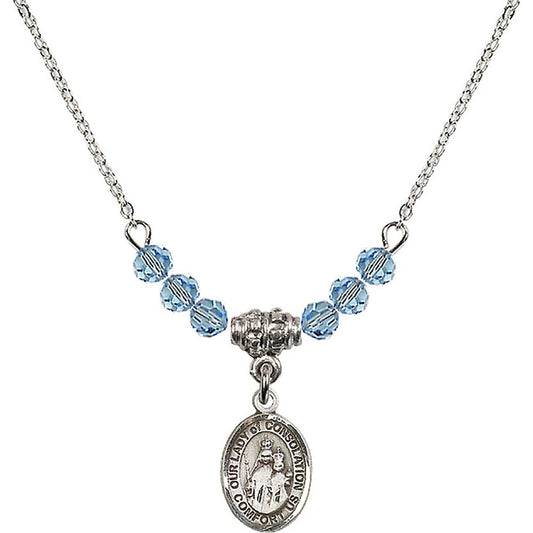Sterling Silver Our Lady of Consolation Birthstone Necklace with Aqua Beads - 9292