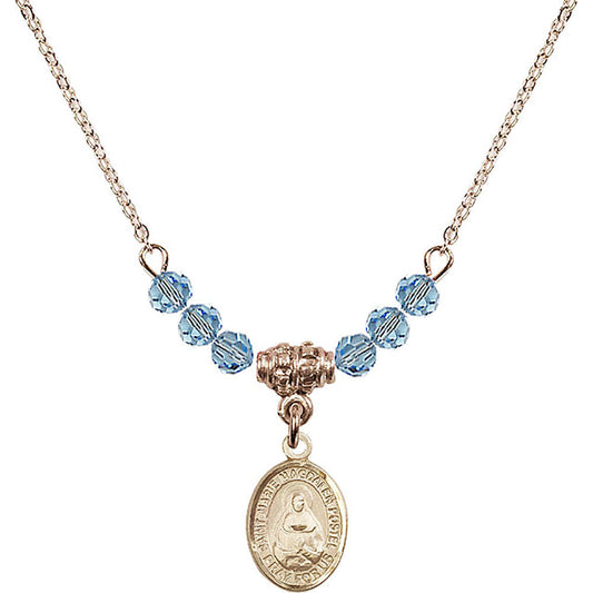 14kt Gold Filled Saint Marie Magdalen Postel Birthstone Necklace with Aqua Beads - 9294