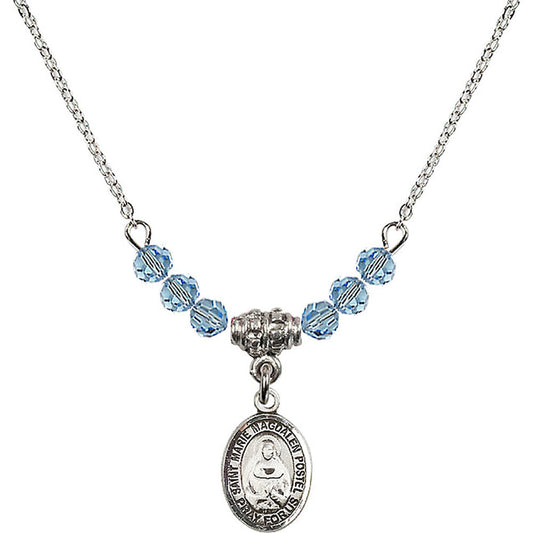 Sterling Silver Saint Marie Magdalen Postel Birthstone Necklace with Aqua Beads - 9294