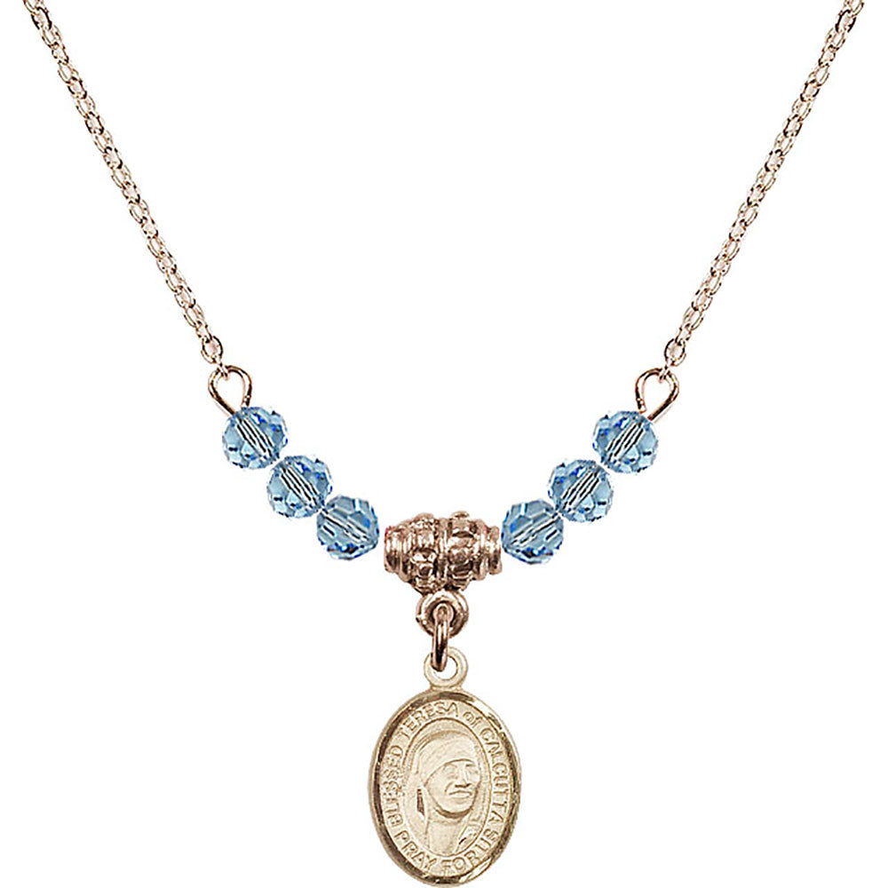 14kt Gold Filled Saint Teresa of Calcutta Birthstone Necklace with Aqua Beads - 9295