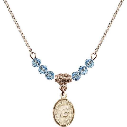 14kt Gold Filled Saint Teresa of Calcutta Birthstone Necklace with Aqua Beads - 9295