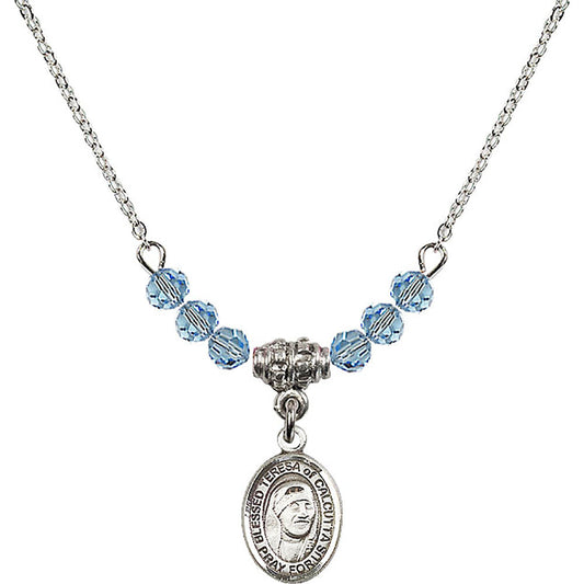 Sterling Silver Saint Teresa of Calcutta Birthstone Necklace with Aqua Beads - 9295