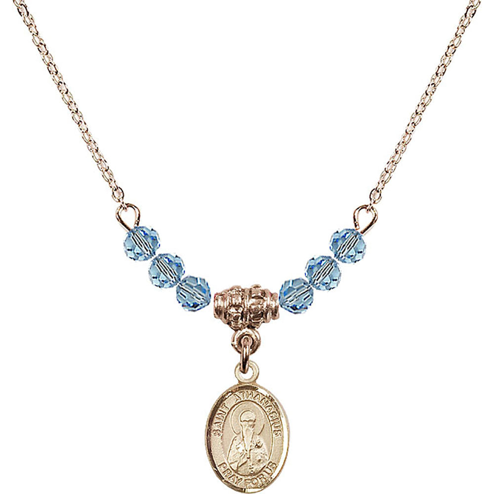 14kt Gold Filled Saint Athanasius Birthstone Necklace with Aqua Beads - 9296