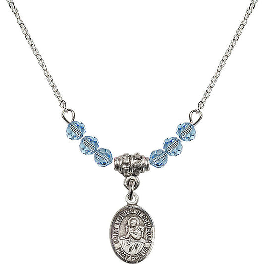 Sterling Silver Saint Lidwina of Schiedam Birthstone Necklace with Aqua Beads - 9297