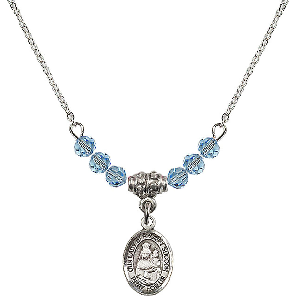 Sterling Silver Our Lady of Prompt Succor Birthstone Necklace with Aqua Beads - 9299