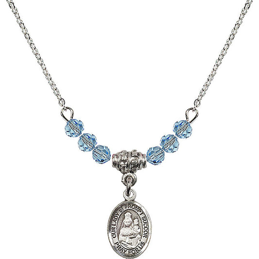 Sterling Silver Our Lady of Prompt Succor Birthstone Necklace with Aqua Beads - 9299