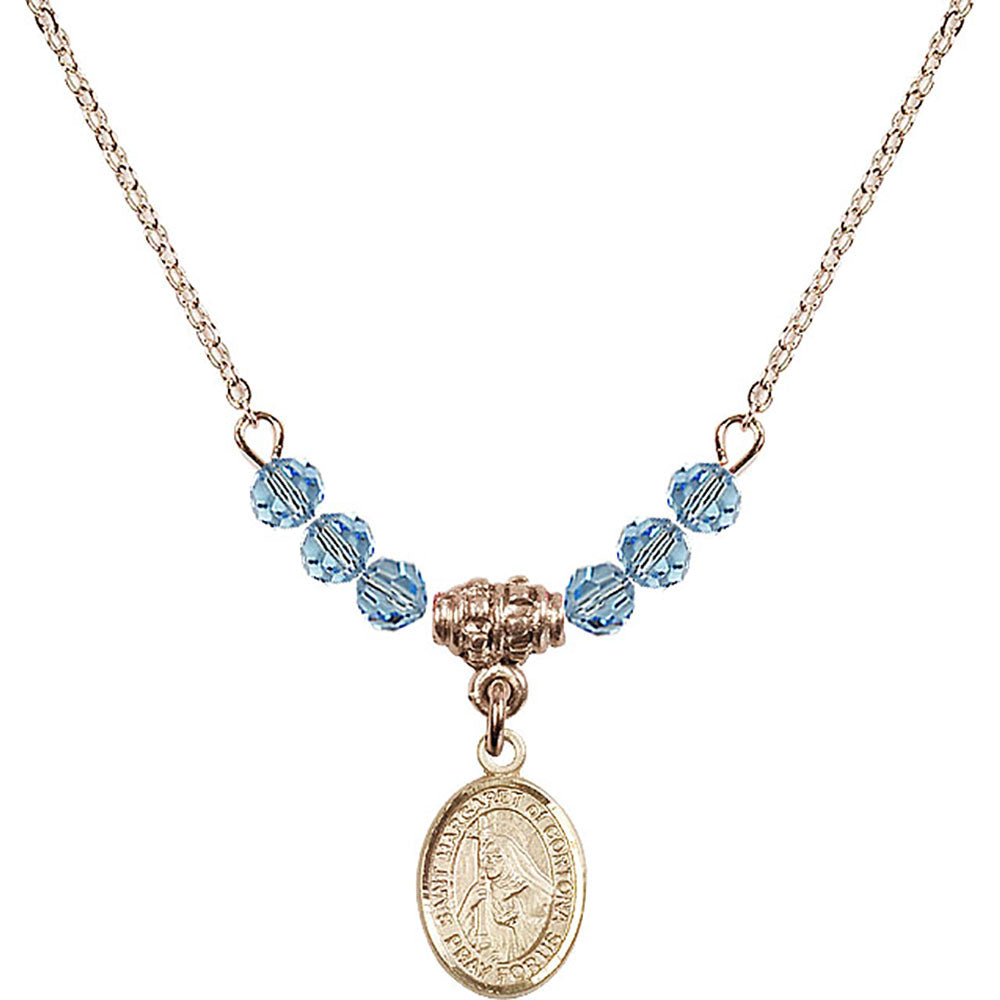 14kt Gold Filled Saint Margaret of Cortona Birthstone Necklace with Aqua Beads - 9301