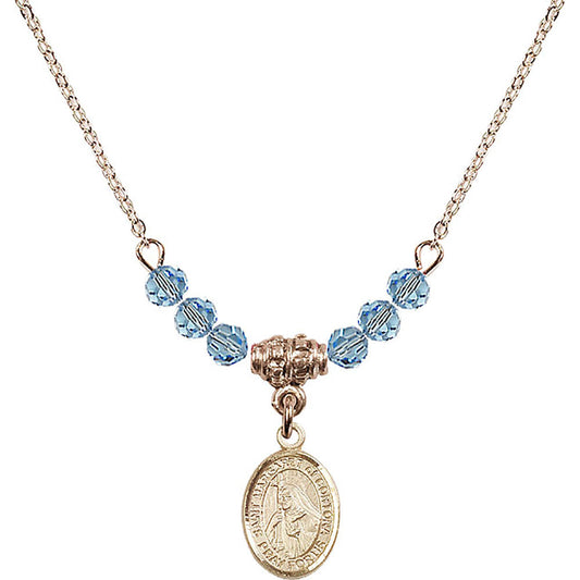 14kt Gold Filled Saint Margaret of Cortona Birthstone Necklace with Aqua Beads - 9301