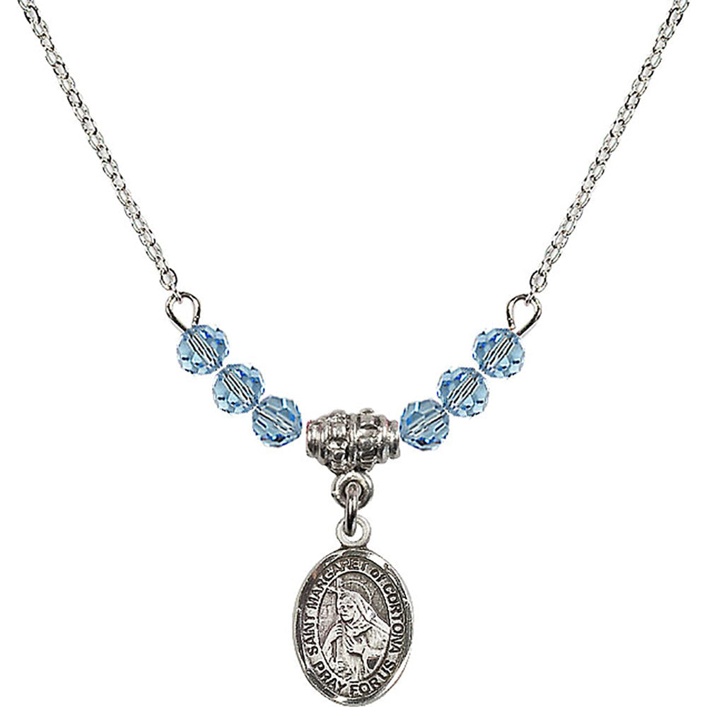 Sterling Silver Saint Margaret of Cortona Birthstone Necklace with Aqua Beads - 9301