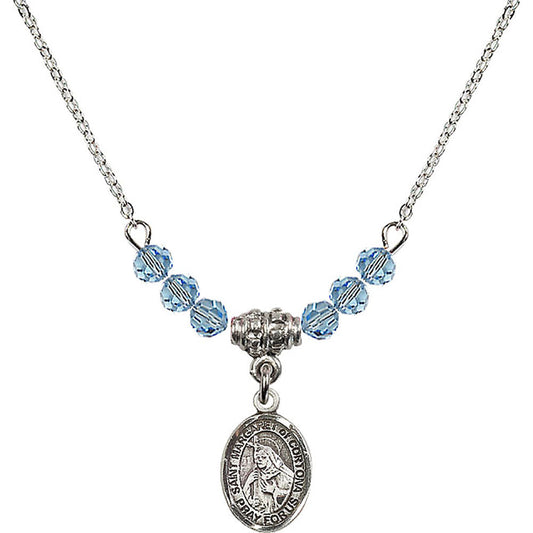 Sterling Silver Saint Margaret of Cortona Birthstone Necklace with Aqua Beads - 9301
