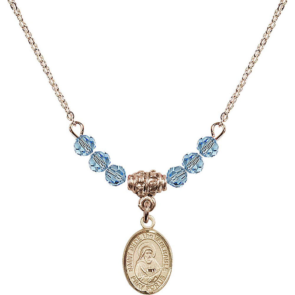 14kt Gold Filled Saint Bede the Venerable Birthstone Necklace with Aqua Beads - 9302