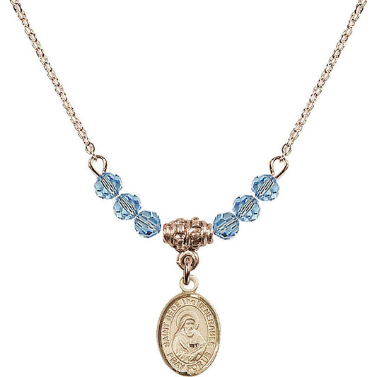 14kt Gold Filled Saint Bede the Venerable Birthstone Necklace with Aqua Beads - 9302