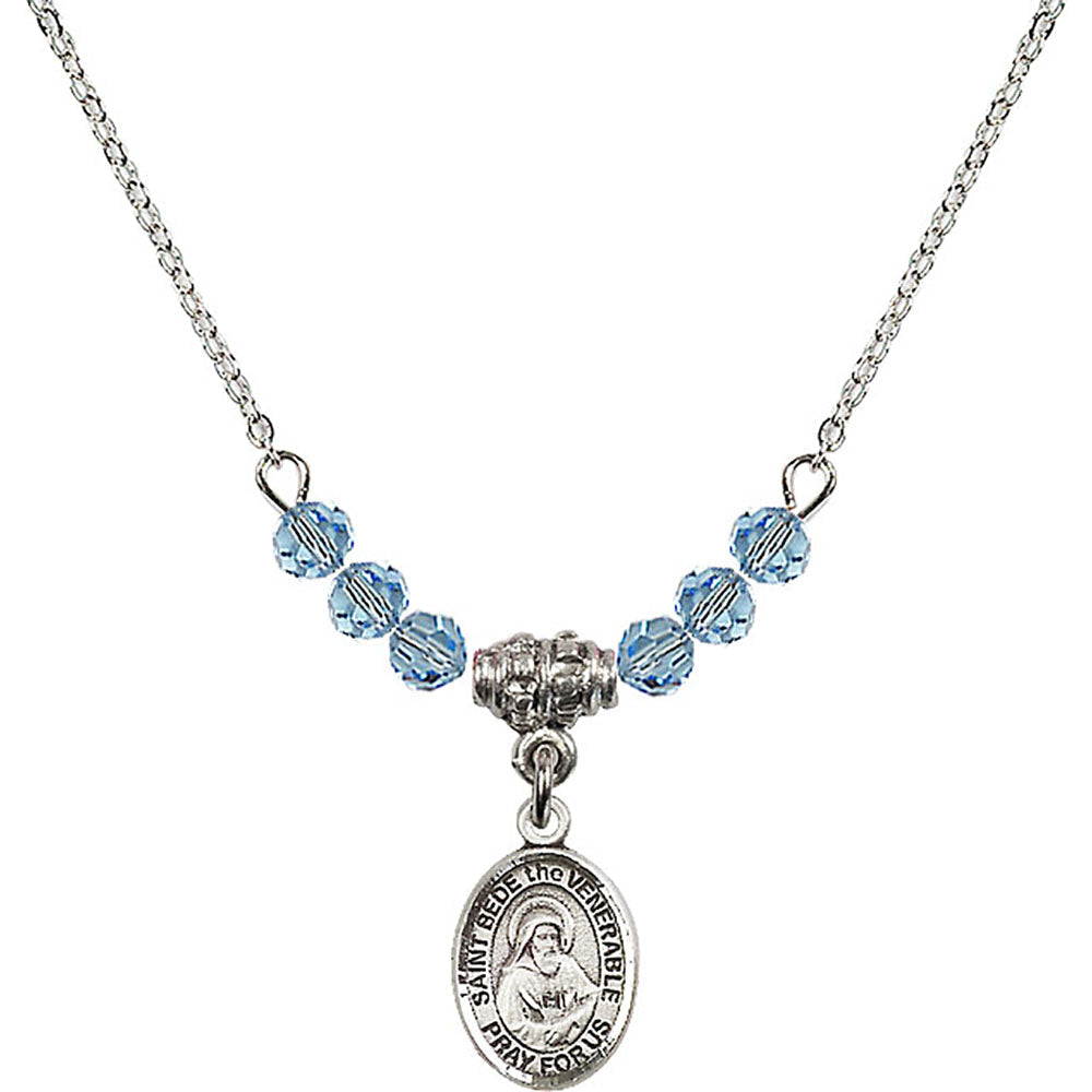 Sterling Silver Saint Bede the Venerable Birthstone Necklace with Aqua Beads - 9302