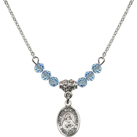 Sterling Silver Saint Bede the Venerable Birthstone Necklace with Aqua Beads - 9302