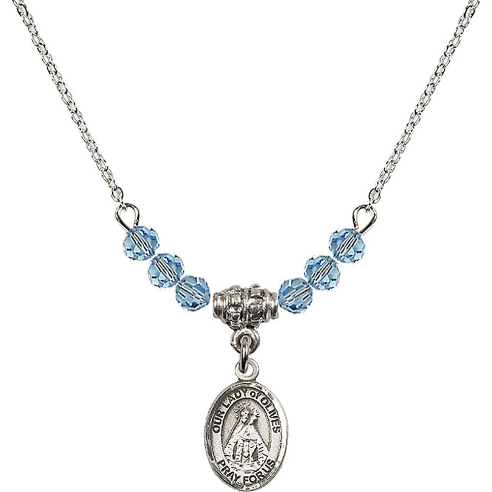 Sterling Silver Our Lady of Olives Birthstone Necklace with Aqua Beads - 9303