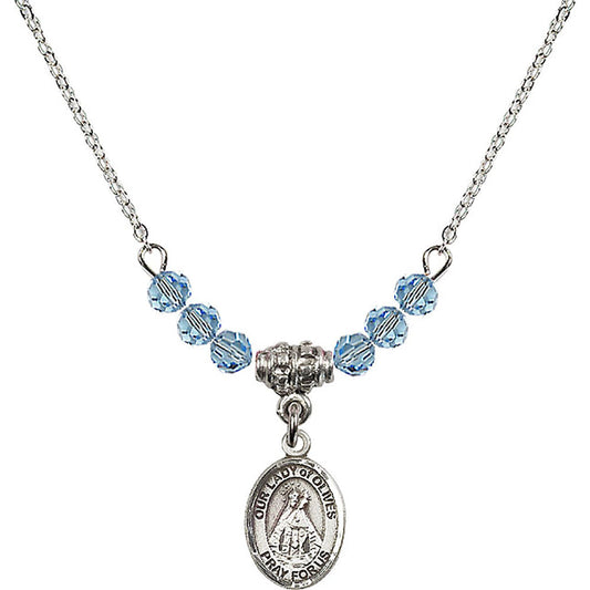 Sterling Silver Our Lady of Olives Birthstone Necklace with Aqua Beads - 9303