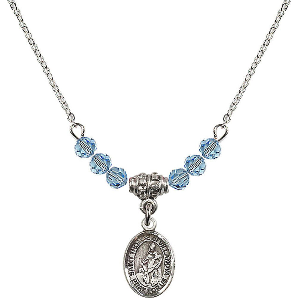 Sterling Silver Saint Thomas of Villanova Birthstone Necklace with Aqua Beads - 9304