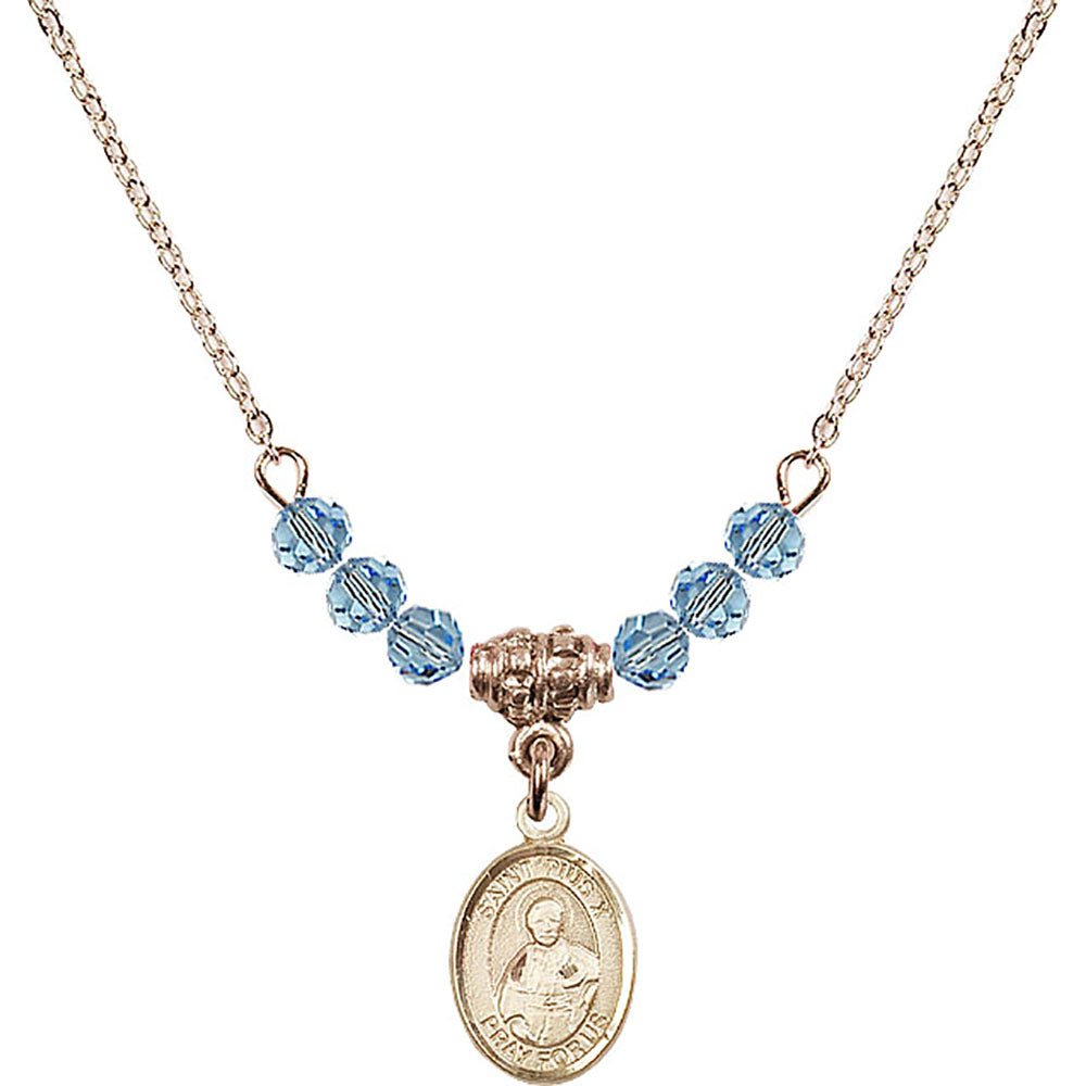 14kt Gold Filled Saint Pius X Birthstone Necklace with Aqua Beads - 9305