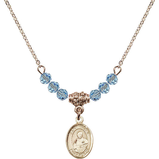 14kt Gold Filled Saint Pius X Birthstone Necklace with Aqua Beads - 9305