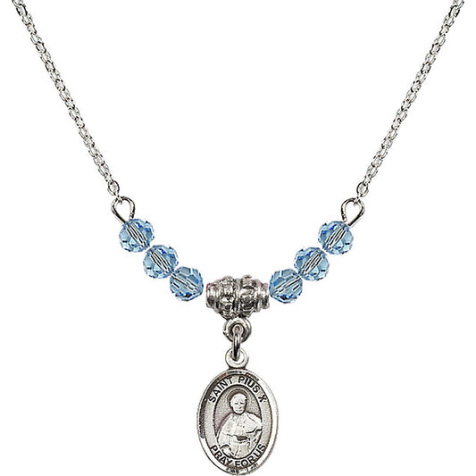 Sterling Silver Saint Pius X Birthstone Necklace with Aqua Beads - 9305
