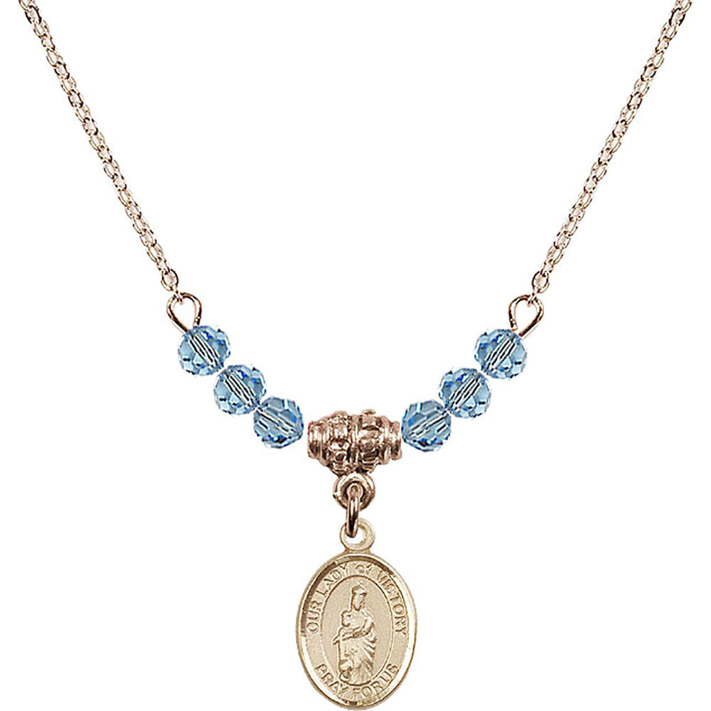 14kt Gold Filled Our Lady of Victory Birthstone Necklace with Aqua Beads - 9306