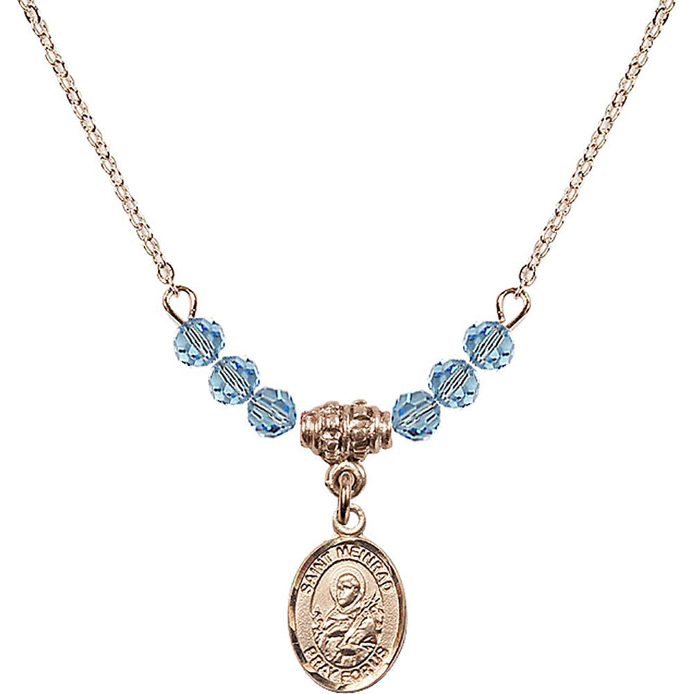 14kt Gold Filled Saint Meinrad of Einsiedeln Birthstone Necklace with Aqua Beads - 9307