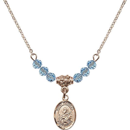 14kt Gold Filled Saint Meinrad of Einsiedeln Birthstone Necklace with Aqua Beads - 9307