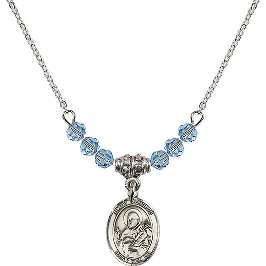 Sterling Silver Saint Meinrad of Einsiedeln Birthstone Necklace with Aqua Beads - 9307