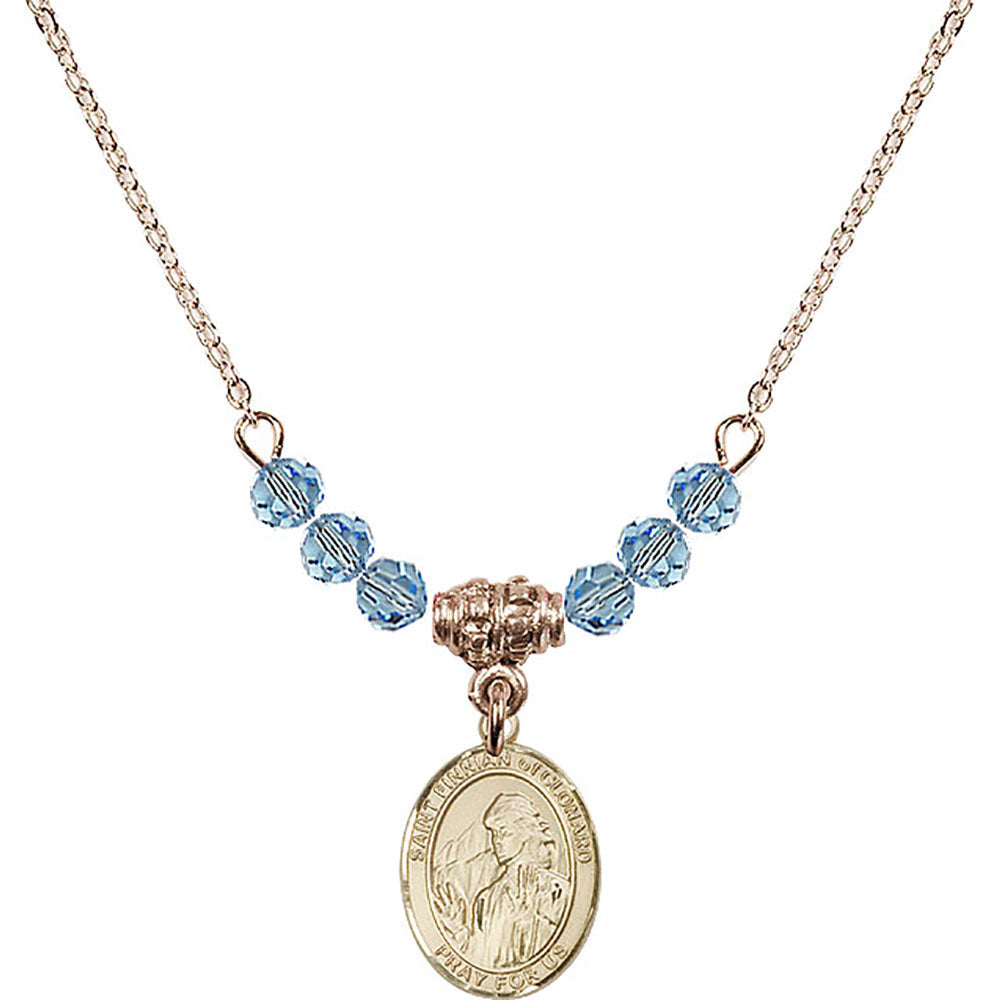14kt Gold Filled Saint Finnian of Clonard Birthstone Necklace with Aqua Beads - 9308