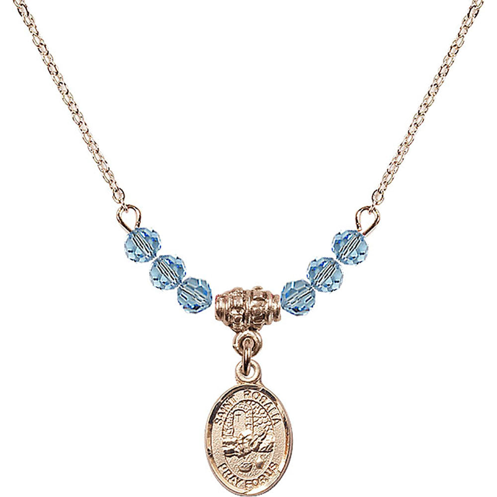 14kt Gold Filled Saint Rosalia Birthstone Necklace with Aqua Beads - 9309