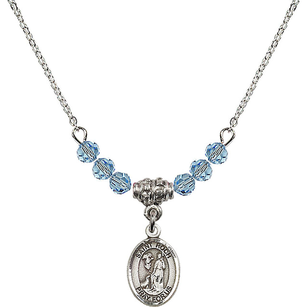 Sterling Silver Saint Roch Birthstone Necklace with Aqua Beads - 9310