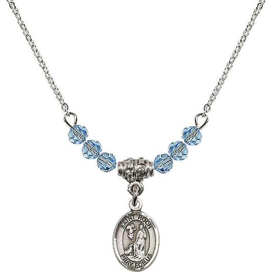 Sterling Silver Saint Roch Birthstone Necklace with Aqua Beads - 9310