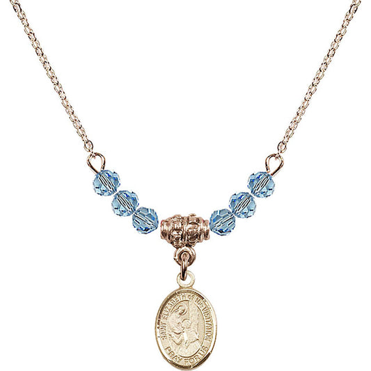14kt Gold Filled Saint Elizabeth of the Visitation Birthstone Necklace with Aqua Beads - 9311