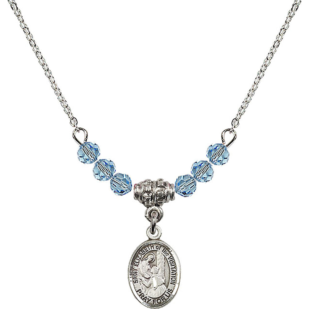 Sterling Silver Saint Elizabeth of the Visitation Birthstone Necklace with Aqua Beads - 9311