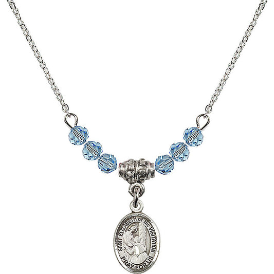 Sterling Silver Saint Elizabeth of the Visitation Birthstone Necklace with Aqua Beads - 9311