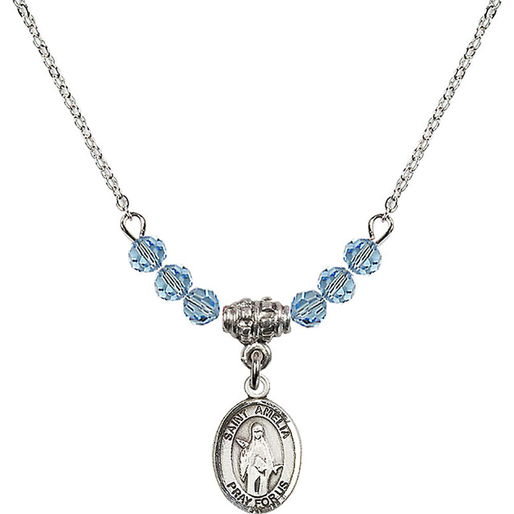 Sterling Silver Saint Amelia Birthstone Necklace with Aqua Beads - 9313
