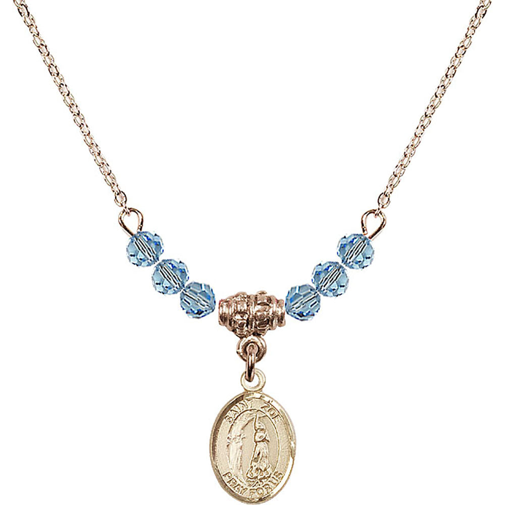 14kt Gold Filled Saint Zoe of Rome Birthstone Necklace with Aqua Beads - 9314